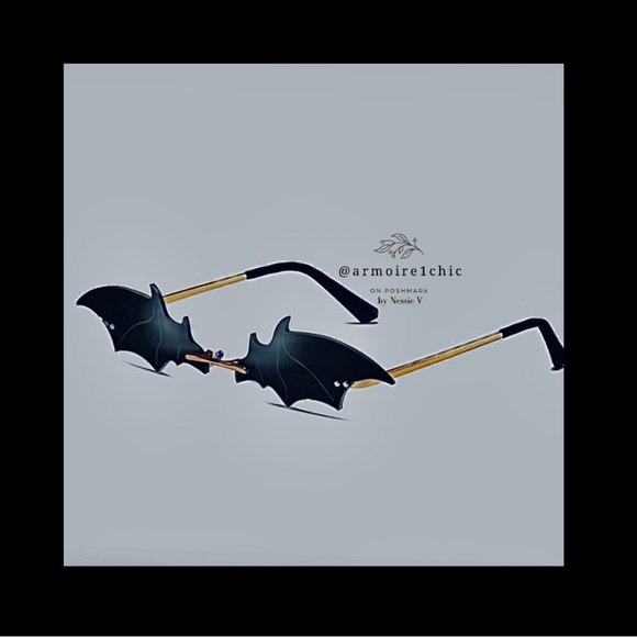 LASPOR | Bat Wing Rimless Novelty Sunglasses | Black & Metallic Gold Tone - Picture 1 of 13